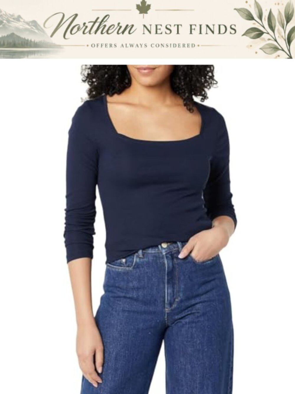 Slim Fit Long Sleeve Square Neck T-Shirt Cotton Modal Micro Rib